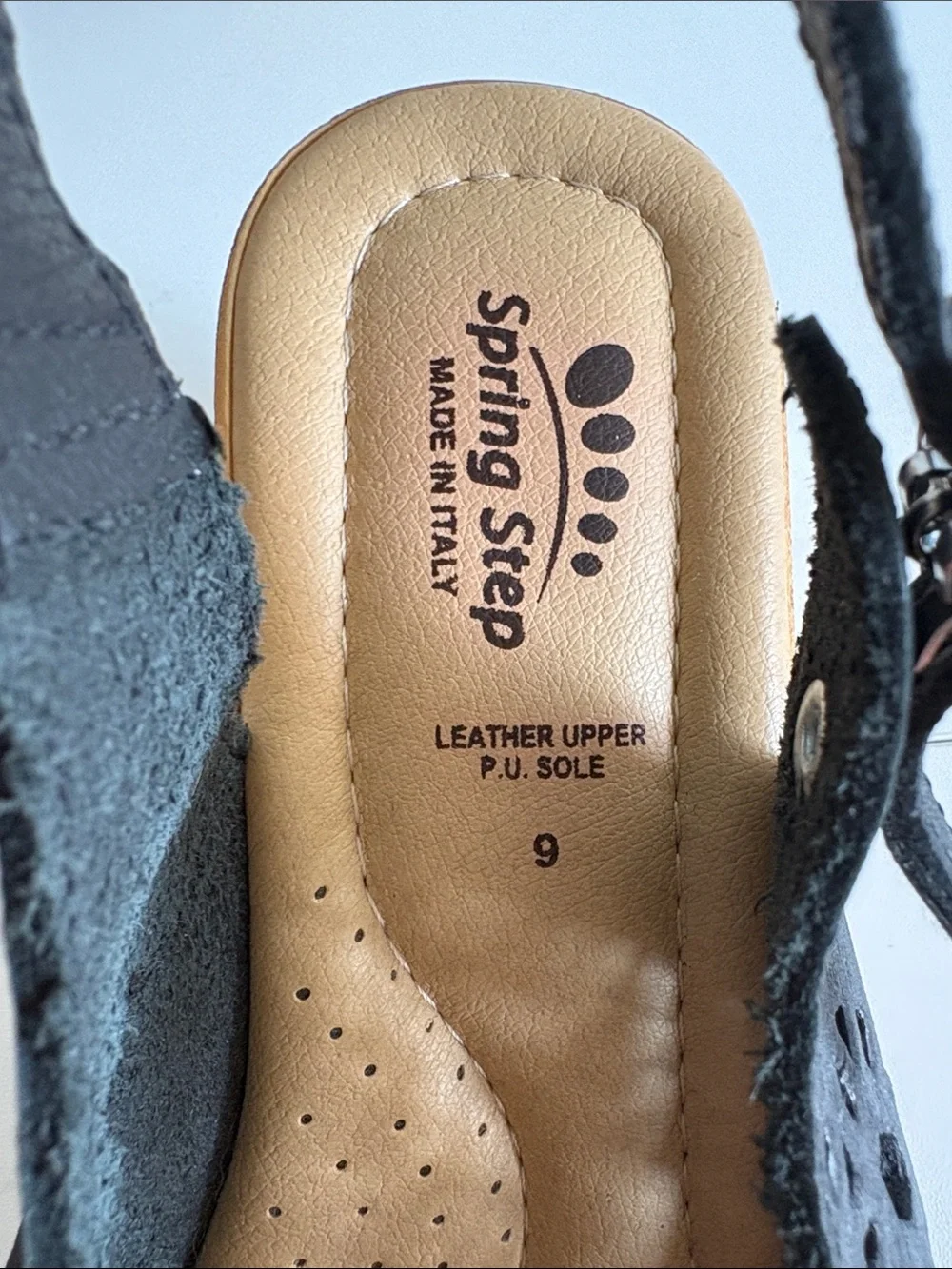 Spring Step Size 9 Navy Leather Cutout Slingback Wedge Sandals Made Italy